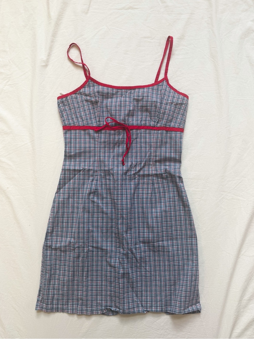 Plaid Slip Dress with Red Trim and Tie